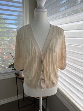 White House Black Market Cream Short-Sleeve Button Front Cardigan